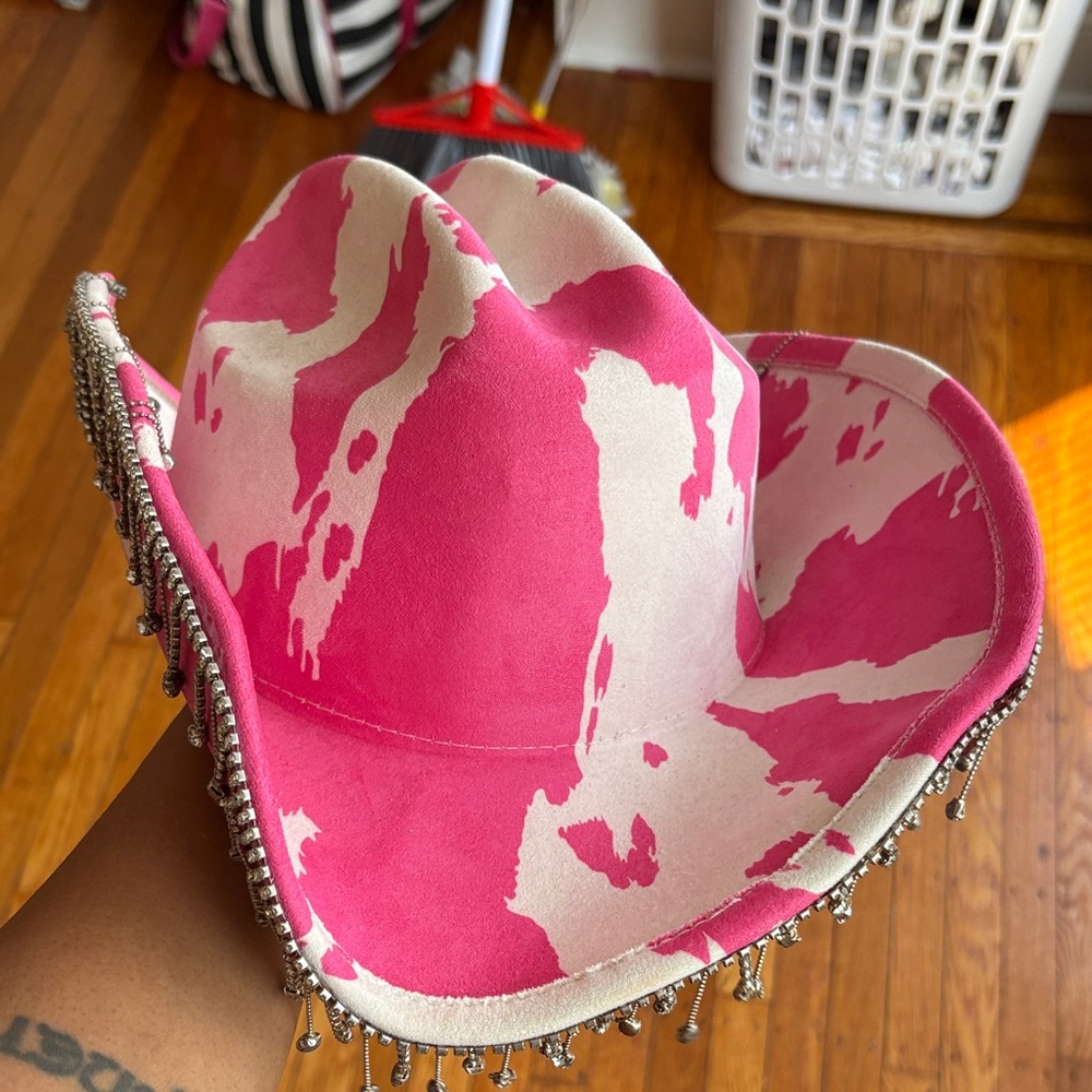 Hat Attack Pink and White Cowboy Hat with Beaded Fringe